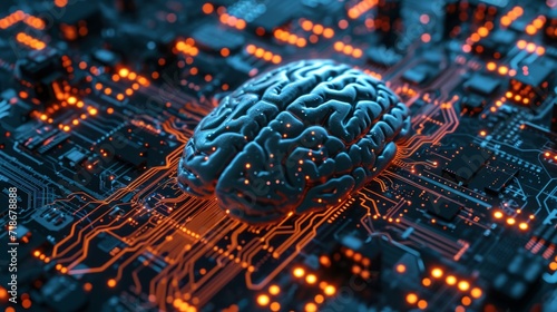 Human brain made of microcircuits. Artificial Intelligence and Big Data. Computer processor in the form of a brain