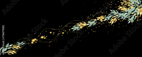 Vector art deco luxury flower, leaves, gold shine line art background. Golden botany banner. Japanese style Hand drawn vector. Line art style design. Hand drawn florals for packaging,coveand wall arts