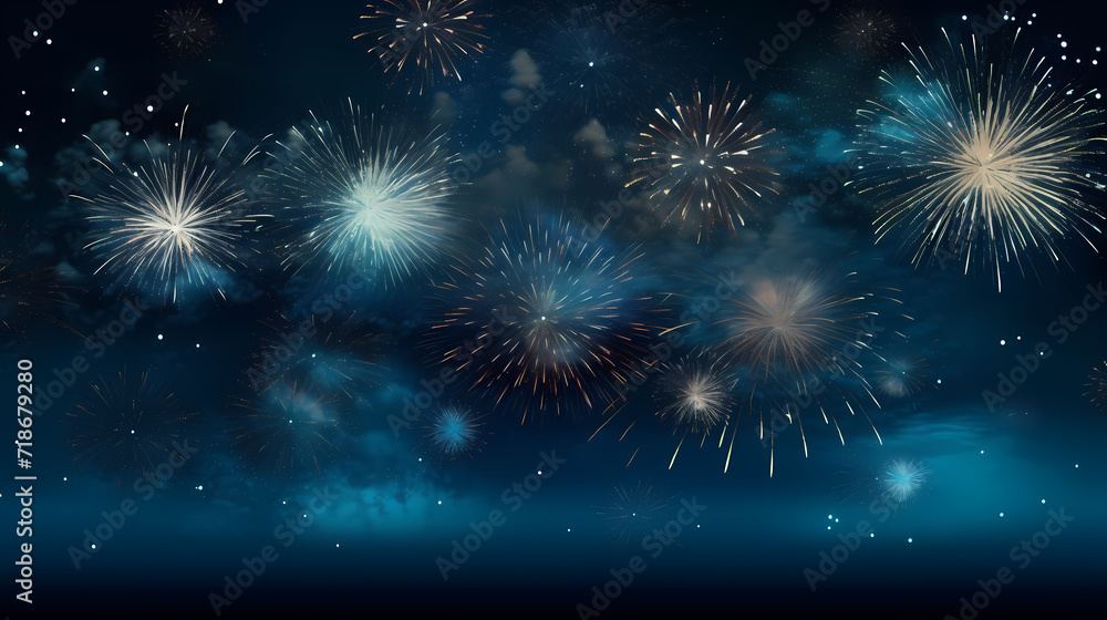 Happy New Year, burning fireworks with bokeh light background