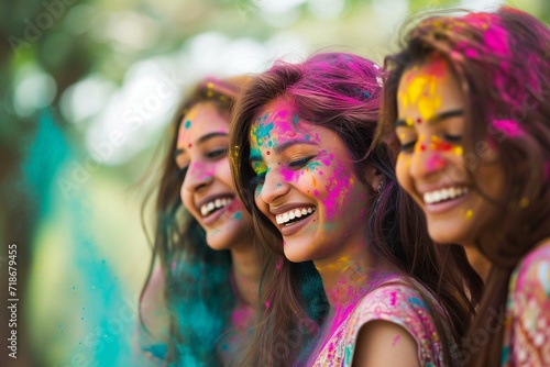 three Indian women having fun with colorful holi powder at a holi festival, candid portrait © World of AI