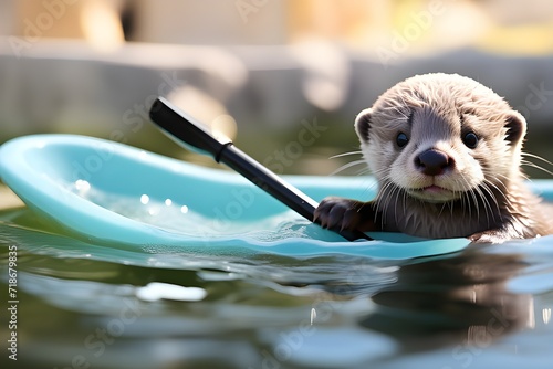 A cute baby otter kayaking in a bathtub. Generative AI. photo