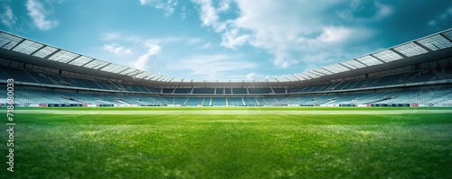 Football stadium with green grass and blue sky. generative Ai