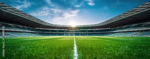 Football stadium with green grass Under bright sunlight. generative AI