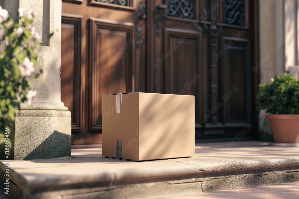 cardboard box near the door, the concept of an online shopping delivery service cardboard box near the door, the concept of an online shopping delivery service