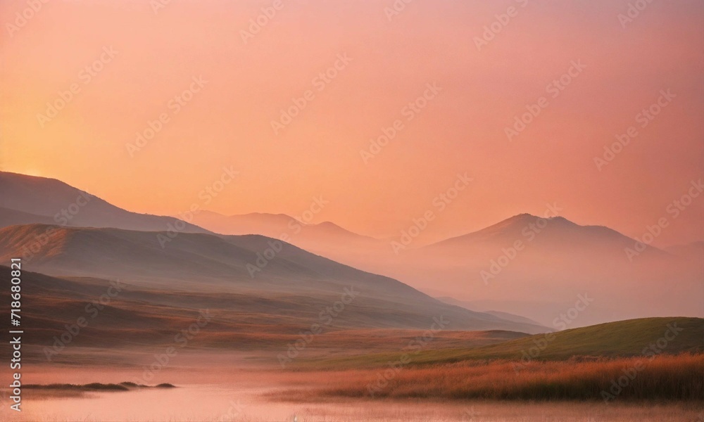 Landscape of sky and mountains, clouds in the mountains, fog, above the clouds, wallpaper, poster, cover, mountains, landscape in the color of delicate Peach Fuzz