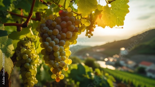 Close-up of green grapes on a blurred background of vineyards in the sun, Europe. Autumn harvest, Winery concept. Copy Space.
