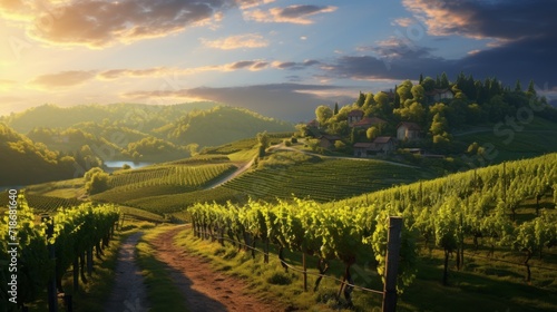 Vineyards with vines at sunset. Industrial production at the winery, Farming farming, Agriculture concepts.