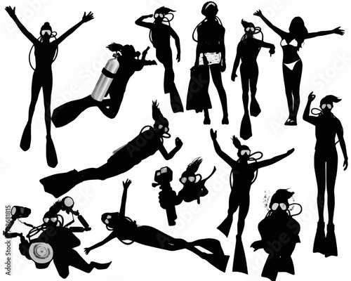 Variety silhouettes of female scuba diver