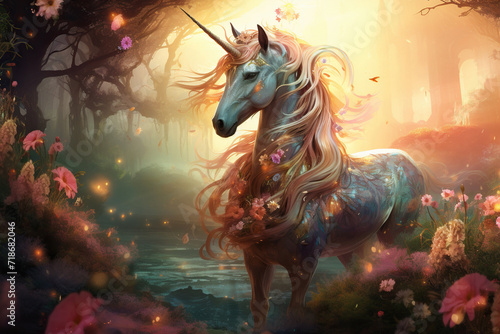 Magical unicorn in a magical forest in the warm light of the sun. Generated by artificial intelligence