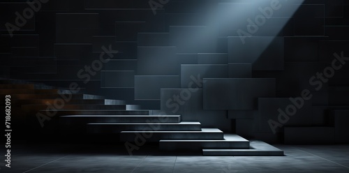 A staircase with a room with black walls
