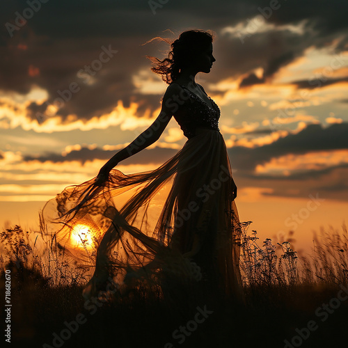 Beautiful young woman in a long dress in the field at sunset