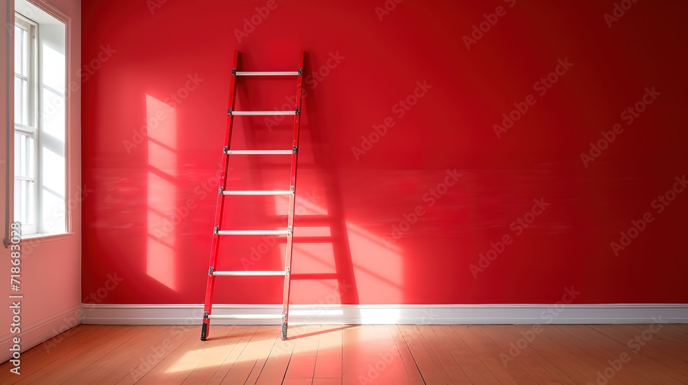 An empty room with red walls and stairs beside it