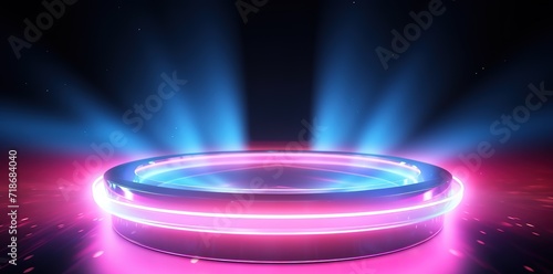 A minimalist stage decorated with neon colored lights for your product presentation. generative AI