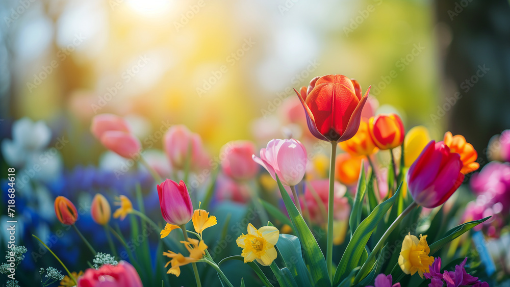 Sunlit Assortment of Tulips and Daffodils in Spring Garden Sunlit Assortment of Tulips and Daffodils in Spring Garden