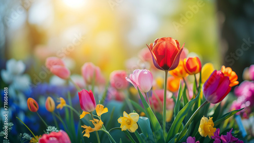 Sunlit Assortment of Tulips and Daffodils in Spring Garden