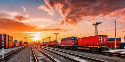 Sunset Shipment: A Serene Freight Train Journey Through an Industrial Landscape.