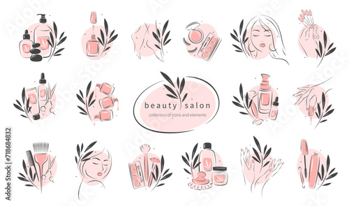 Set of elements and icons for beauty salon. Nail polish,  manicured female hands, beautiful woman face, lipstick, eyelash extension, makeup, hairdressing. Vector illustrations photo