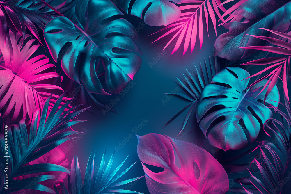 background with tropical leaves and neon light - obrazy, fototapety, plakaty 