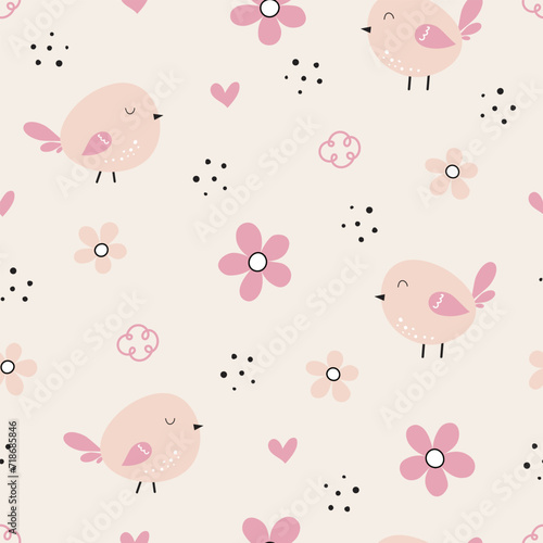 Seamless pattern with cute birds and flower on pastel color. Cartoon spring collection. Vector illustration. Design for wrapping paper  wallpaper  fabric  textile  apparel