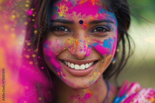 Indian woman with colorful holi powder at a holi festival, candid portrait