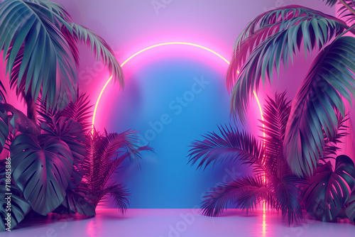 background with tropical leaves and neon light