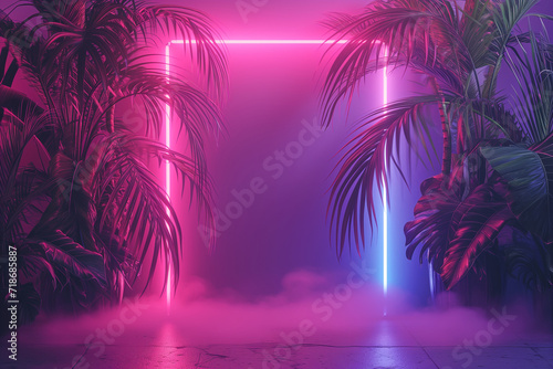 background with tropical leaves and neon light