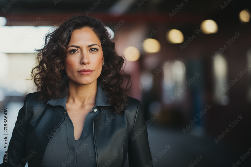 Latin woman about 45 years old showing confidence looking directly at camera