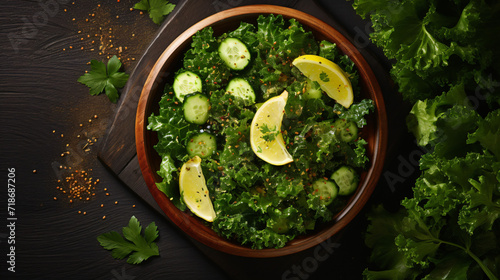 Green salad vegan meal. Kale salad leaves