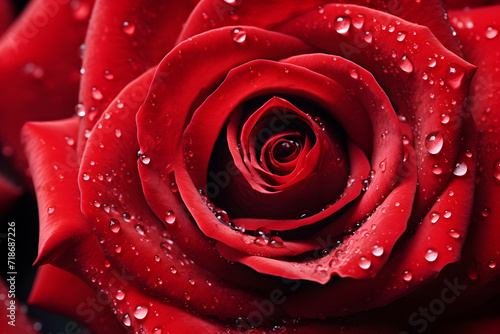 Close up red rose with water droplets background.