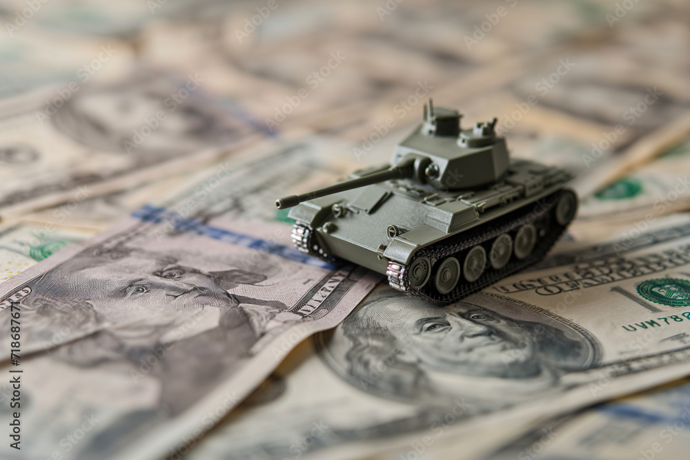 toy tank on banknotes - obrazy, fototapety, plakaty 