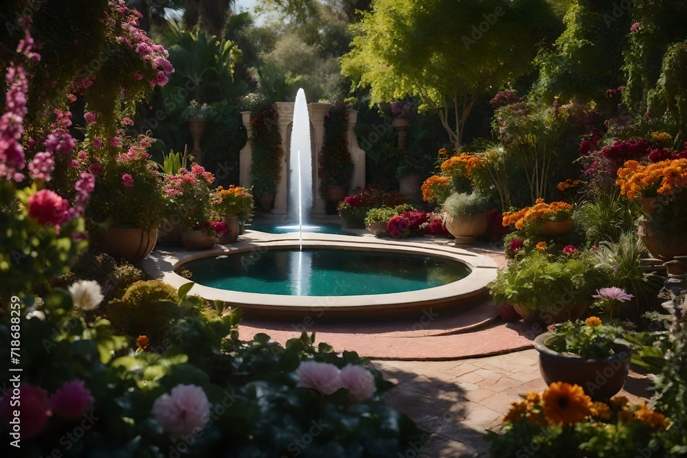 A captivating garden adorned with numerous flowers in a spectrum of colors, fountain in the night,complemented by a charming corridor fountain. 