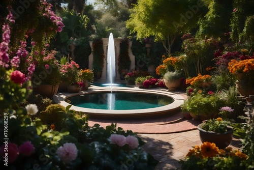 A captivating garden adorned with numerous flowers in a spectrum of colors, fountain in the night,complemented by a charming corridor fountain. 