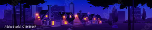 Night town street against big city background. Vector cartoon illustration of suburban houses along rural alley illuminated with lamp lights, dark skyscrapers, modern architecture, cozy neighborhood