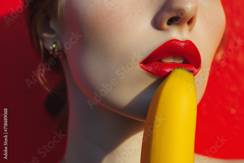 A girl with red lips and a banana photo