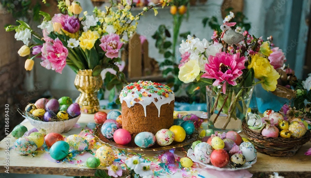 A table with Easter decorations with sweets and flowers on the Easter theme