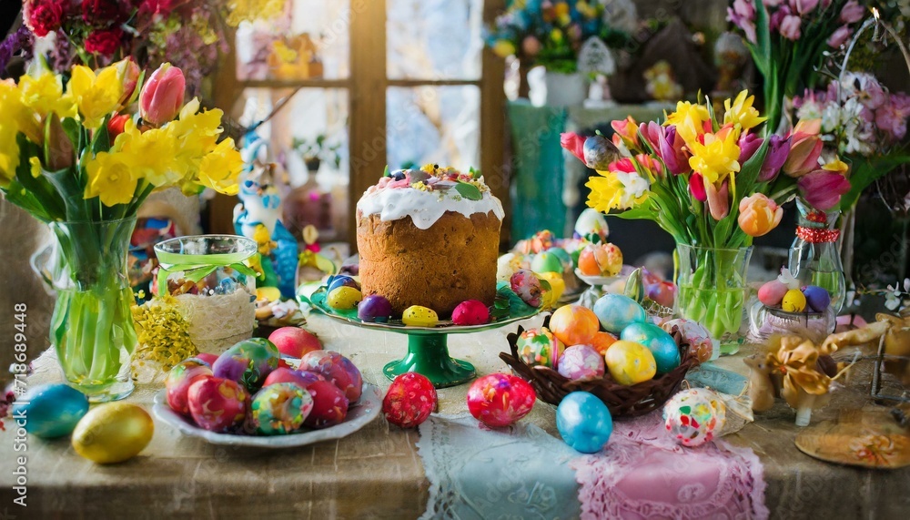 A table with Easter decorations with sweets and flowers on the Easter theme