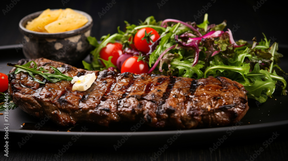 Grilled beef striploin steak with fresh salad