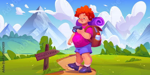 Teen boy with hiking backpack and equipment looking at his photography camera as he stands on path in foot of mountains. Cartoon summer landscape with young tourist and photographer walking to hills
