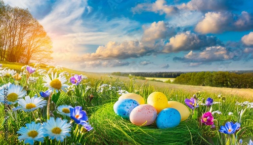 Easter eggs in the grass in the background mountains and sun