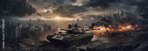 Tanks navigate through the war-torn landscape, with flames from a grenade burning in the background. photo