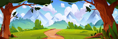 Mountain valley landscape with forest footpath. Vector cartoon illustration of summer scenery, old trees, yellow flowers in green grass, rocky peaks, white cloudscape in blue sky, travel background