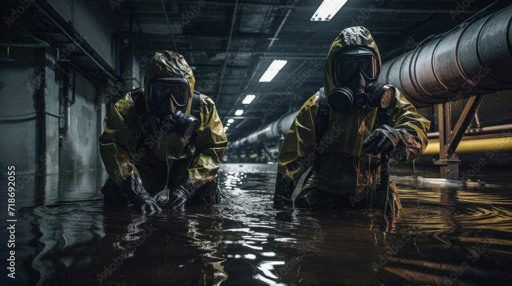 Stockillustratie Gas maskwearing officers assess a chemical leak in an