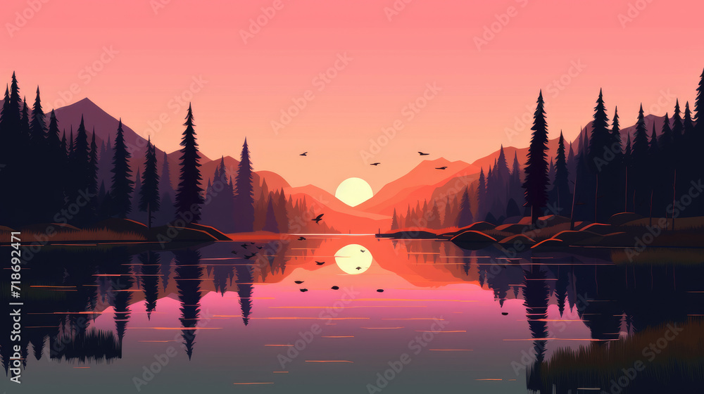 Obraz premium Sunset at Lake illustration