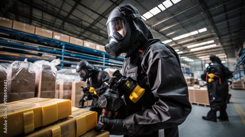 Gas maskwearing officers assess a chemical leak in an industrial