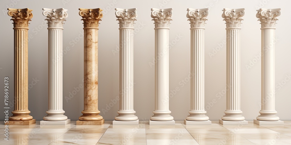Different styles of classic antique white marble columns depicted in illustrations.