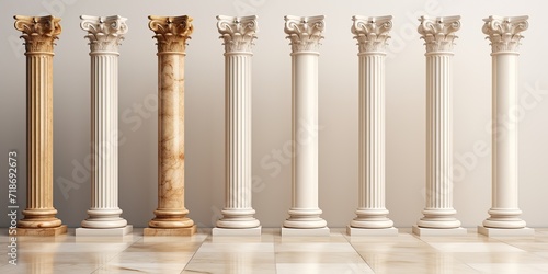 Different styles of classic antique white marble columns depicted in illustrations. photo