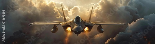 The dynamic image of a stealth fighter aircraft in flight, showcasing its aerodynamic prowess. photo