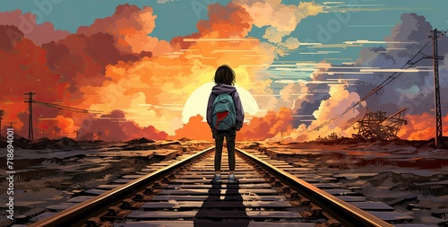 A girl standing on a railway, evoking a sense of contemplation or solitude.