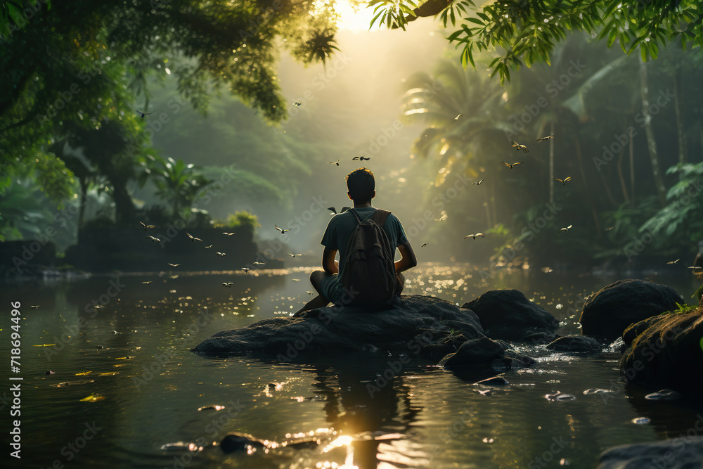A man admires nature near a pond in the forest. A man is in harmony with nature. Generated by artificial intelligence
