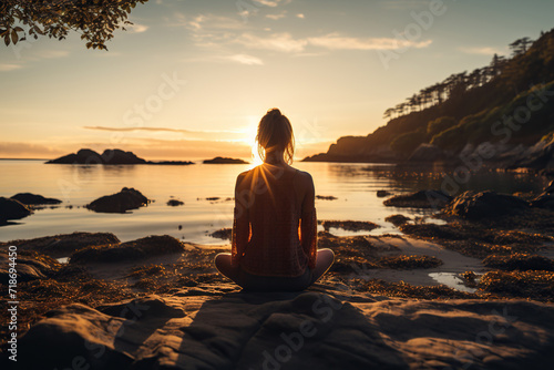 A girl meditates in a pose on the shore of the sea, lake in the rays of the sunset. Generated by artificial intelligence
